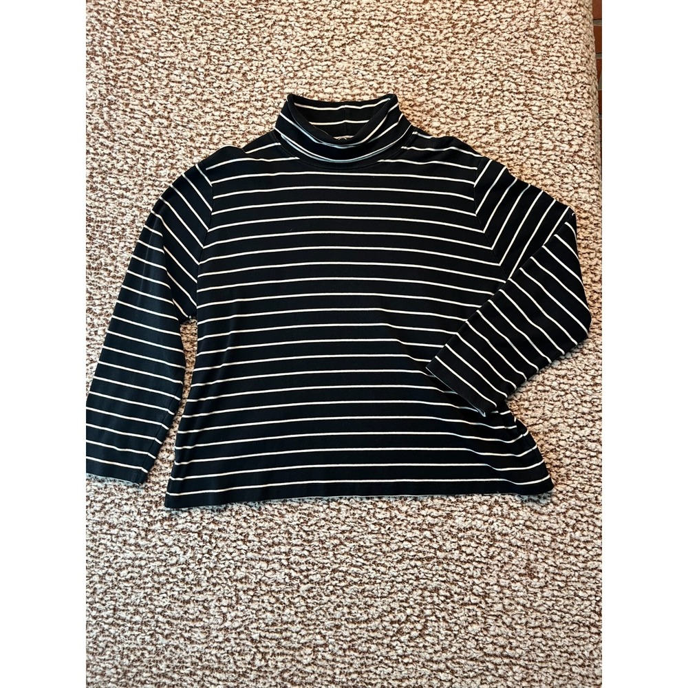 Jones New York Sport Black White Striped Knit Turtleneck Top Long Sleeve Cotton